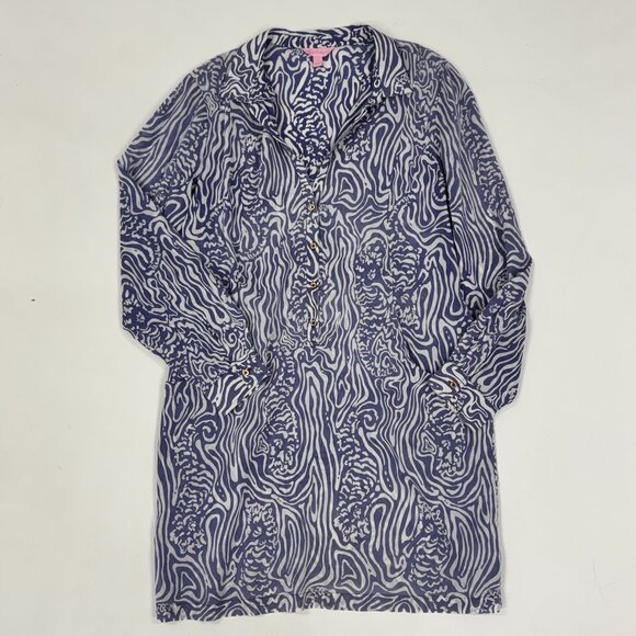 Blue & White Wave-Print Summer Shirt Dress / Cover-Up - Picture 1 of 9